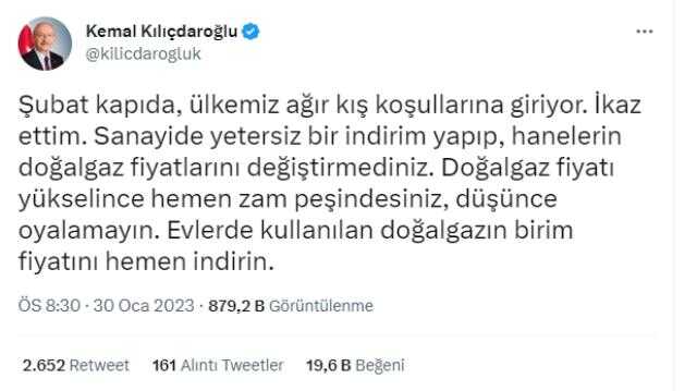 Kılıçdaroğlu: Şubat Kapıda, Ülkemiz Ağır Kış Koşullarına Giriyor. Evlerde Kullanılan Doğal Gazın Birim Fiyatını Hemen İndirin