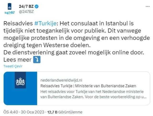 Hollanda'dan dikkat çeken karar! İstanbul Başkonsolosluğu güvenlik gerekçesiyle ziyarete kapatıldı Hollanda'dan dikkat çeken karar! İstanbul Başkonsolosluğu güvenlik gerekçesiyle ziyarete kapatıldı