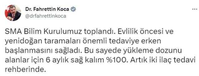 Sağlık Bakanı Koca, SMA hastaları için solüsyon şeklindeki ilacın ruhsatlandırma aşamasına geldiğini, böylelikle iki ilacın tedavi rehberinde yer...