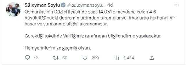Osmaniye'de 4.6 büyüklüğünde deprem meydana geldi