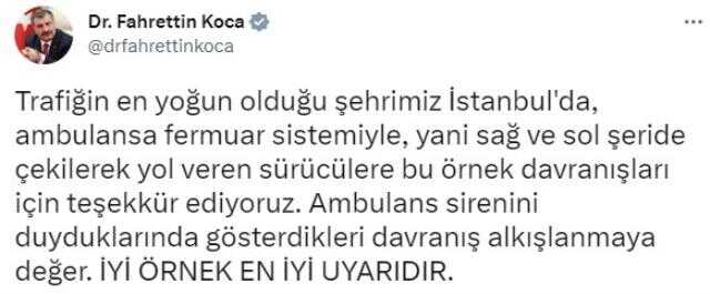 Bakan Koca'dan ambulansa fermuar sistemiyle yol veren sürücülere teşekkür