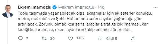 Kar ve fırtına beklenen İstanbul'da bir uyarı da İmamoğlu'ndan geldi