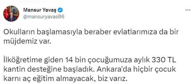 Mansur Yavaş, 14 Bin İlkokul Çocuğuna Kantin Desteği Verileceğini Duyurdu: 'Ankara'da Hiçbir Çocuk Karnı Aç Eğitim Almayacak, Biz Varız' Mansur Yavaş, 14 Bin İlkokul Çocuğuna Kantin Desteği Verileceğini Duyurdu: 'Ankara'da Hiçbir Çocuk Karnı Aç Eğitim Almayacak, Biz Varız'