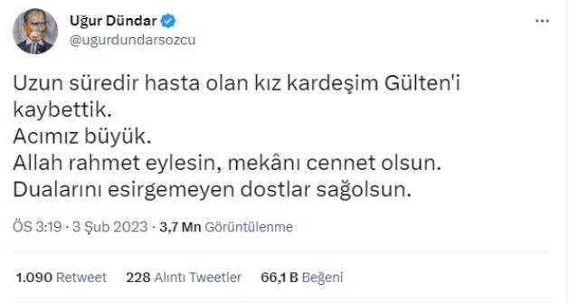Uğur Dündar'ın kız kardeşi Gülten Dündar 74 yaşında hayatını kaybetti Uğur Dündar'ın kız kardeşi Gülten Dündar 74 yaşında hayatını kaybetti