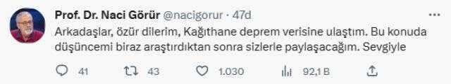 Prof. Naci Görür'ün 'Kağıthane'de deprem yaşanmadı' paylaşımı kafaları karıştırdı