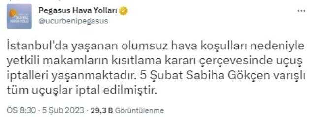 THY 170, Pegasus tüm seferlerini iptal THY 170, Pegasus tüm seferlerini iptal