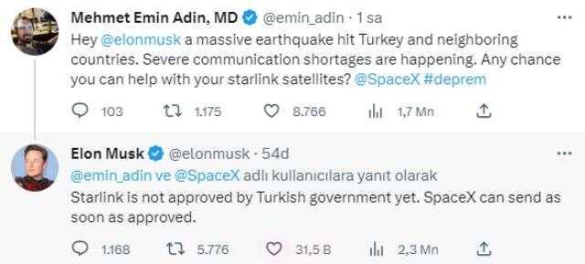 Elon Musk'tan Maraş depremi açıklaması: Onay gelir gelmez Starlink uydularımızı Türkiye'ye gönderebiliriz