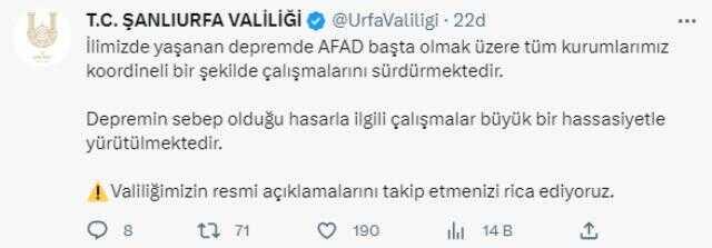 Son Dakika! Şanlıurfa Valisi Ayhan: Depremde 17 vatandaşımız hayatını kaybetti, 30 vatandaşımız yaralı