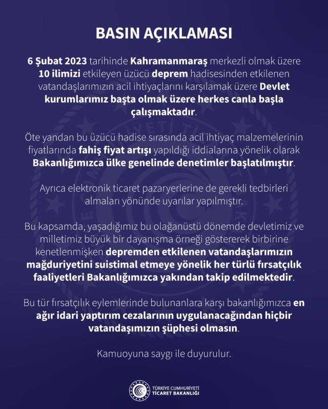 Son Dakika: Ticaret Bakanlığı, deprem sonrası acil ihtiyaç malzemelerinin fiyatlarında fahiş artış yapıldığı iddialarına yönelik denetim başlattı