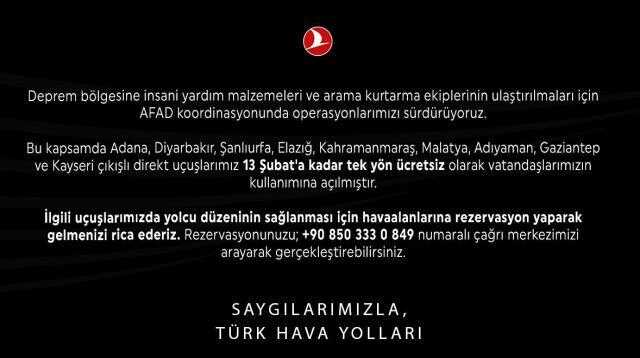 THY deprem bölgesi seferleri ücretsiz mi? Türk Hava Yolları deprem bölgesi uçak bileti ne kadar, ücretsiz mi?
