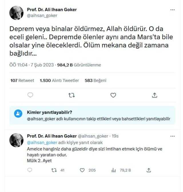 Bilecik'te 'Deprem ve binalar öldürmez, Allah öldürür' paylaşımı yapan öğretim üyesi için soruşturma açıldı