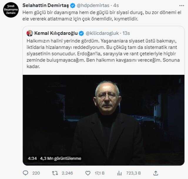 Demirtaş'tan Kılıçdaroğlu Paylaşımı: 'Hem Güçlü Bir Dayanışma Hem de Güçlü Bir Siyasi Duruş, Bu Zor Dönemi El Ele Vererek Atlatmamız İçin Çok...