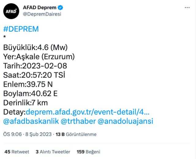 Erzurum kaç şiddetinde deprem oldu? Az önce Erzurum'da deprem mi oldu? Erzurum kaç büyüklüğünde deprem oldu? Erzurum deprem şiddeti ne?