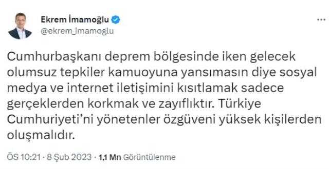 İmamoğlu'ndan Erişim Kısıtlanmasına Tepki: 'Sosyal Medya ve İnternet İletişimini Kısıtlamak Gerçeklerden Korkmak ve Zayıflıktır'