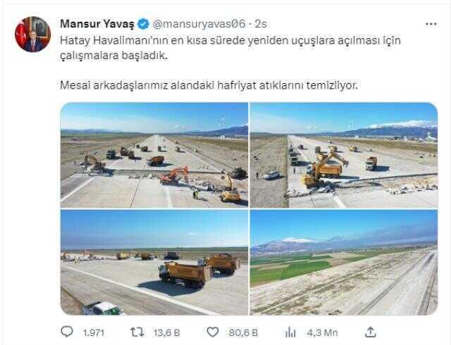 Mansur Yavaş duyurdu: Hatay Havalimanı'nın en kısa sürede yeniden uçuşlara açılması için çalışmalara başladık
