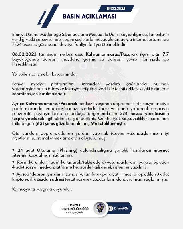 Deprem sonrası provokatif paylaşımlar için EGM harekete geçti: 31 gözaltı, 9 tutuklama