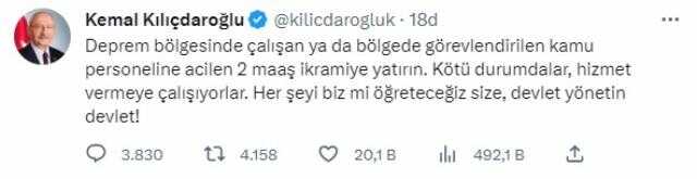 Kılıçdaroğlu'ndan hükümete çağrı: Deprem bölgesinde görevli kamu personeline 2 maaş ikramiye yatırın Kılıçdaroğlu'ndan hükümete çağrı: Deprem bölgesinde görevli kamu personeline 2 maaş ikramiye yatırın