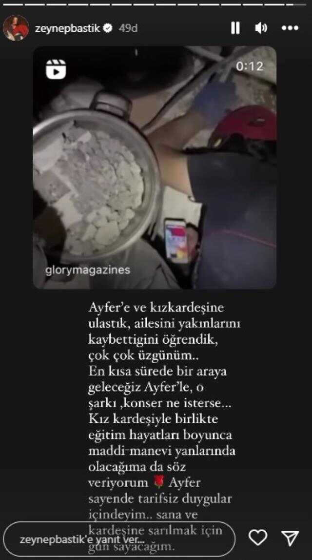 Zeynep Bastık'tan enkaz altında şarkısını dinlemek isteyen genç kıza anlamlı yardım: Eğitim hayatında maddi olarak yanındayım