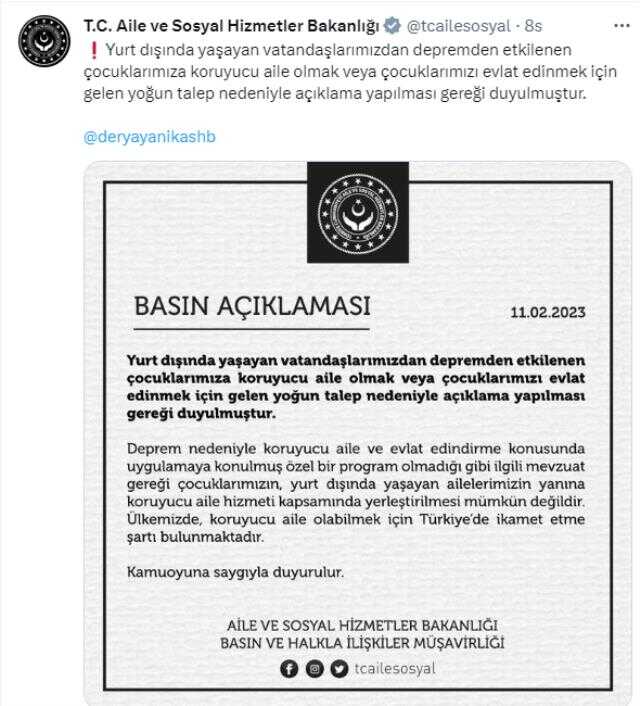 Aile ve Sosyal Hizmetler Bakanlığı çocukların yurtdışına koruyucu ailelere verilmesinin mümkün olmayacağını söyledi