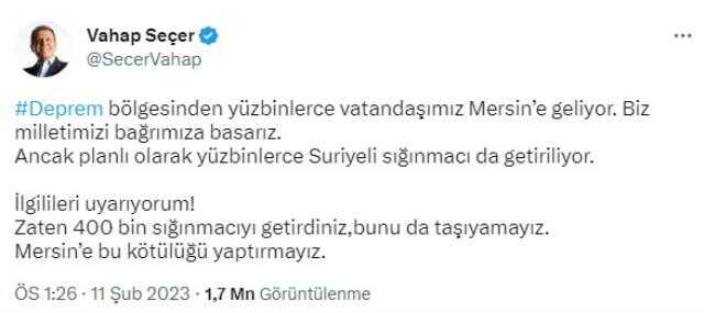Mersin Büyükşehir Belediye Başkanı'ndan hükümete çağrı: Zaten 400 bin sığınmacıyı getirdiniz, bunu da taşıyamayız