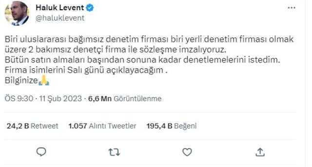Haluk Levent: Ahbap'ı iki bağımsız firma denetleyecek