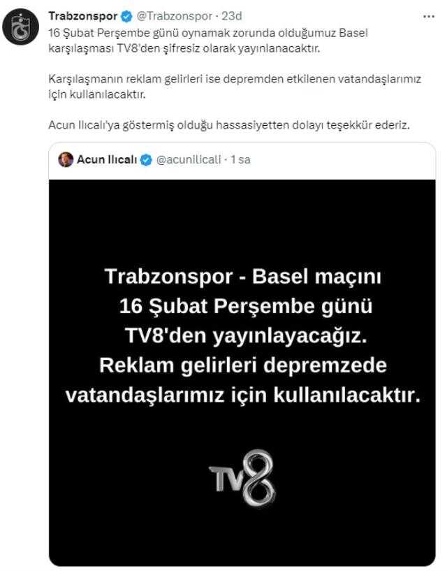 Acun Ilıcalı, Trabzonspor-Basel maçını şifresiz yayınlayacak! Tüm gelir depremzedelere gidecek