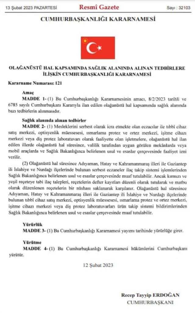 Sağlık Alanında Alınan Tedbirlere İlişkin Cumhurbaşkanlığı Kararnamesi Resmi Gazete'de