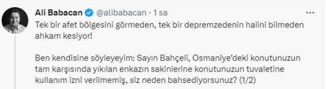 Ali Babacan'dan Bahçeli'ye tepki: Tek bir afet bölgesini görmeden, tek bir depremzedenin halini bilmeden ahkam kesiyor