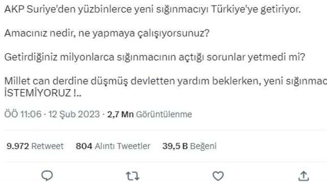Deprem nedeniyle yüzbinlerce sığınmacının Türkiye'ye geleceği iddiası yanlış