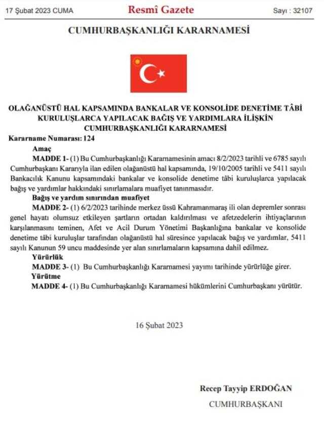 Bankaların bağış ve yardım sınırlamasına muafiyet getirildi