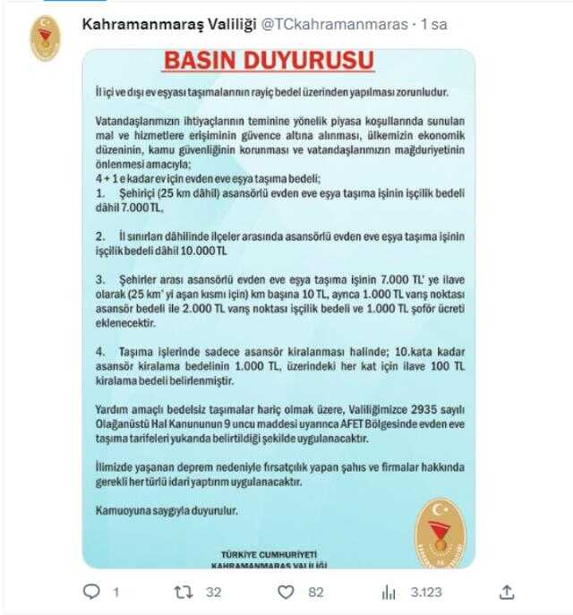 Deprem bölgelerinde fırsatçılara karşı valiler harekete geçti! Ev taşıma ücretlerine tavan fiyat getirildi Deprem bölgelerinde fırsatçılara karşı valiler harekete geçti! Ev taşıma ücretlerine tavan fiyat getirildi