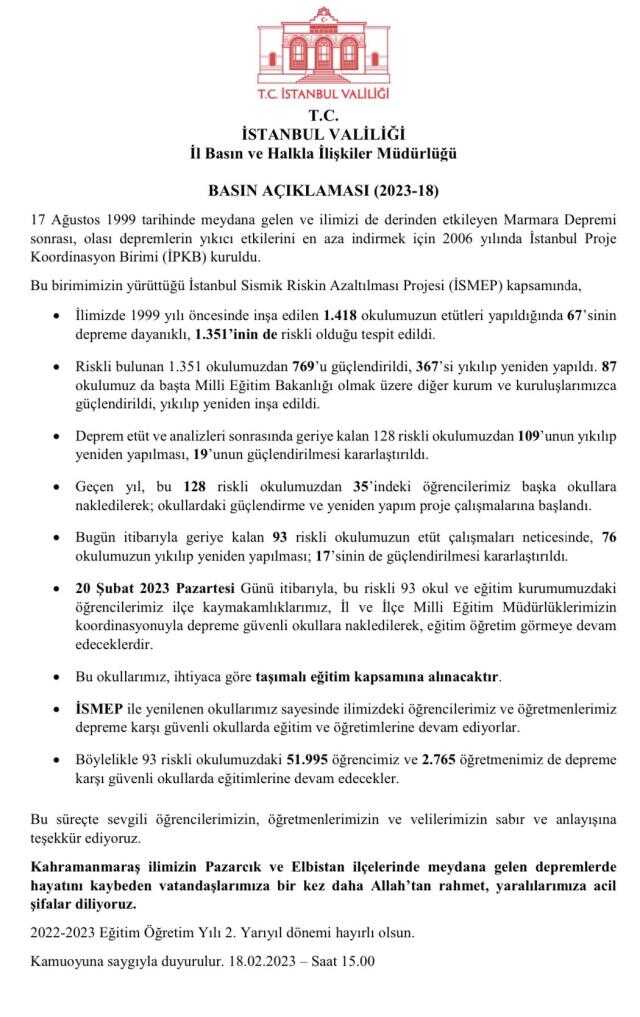İstanbul'da riskli 93 okuldaki öğrenciler, depreme güvenli okullara nakledilecek İstanbul'da riskli 93 okuldaki öğrenciler, depreme güvenli okullara nakledilecek