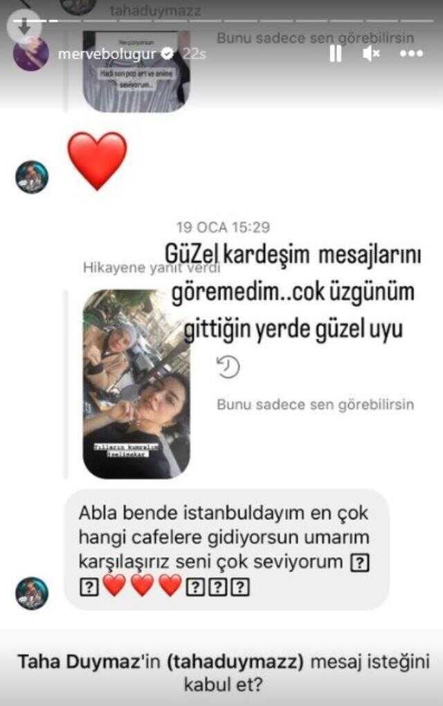 Merve Boluğur, Taha Duymaz'la ilgili pişmanlığını paylaştı: Mesajlarını şimdi fark ettim, çok üzgünüm