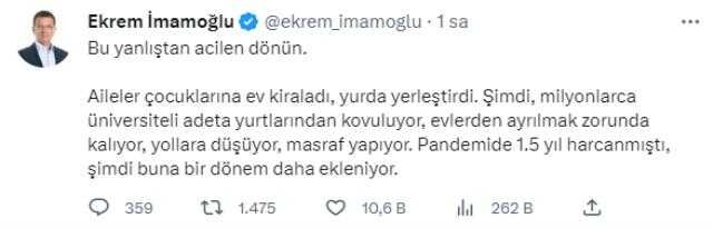 Ekrem İmamoğlu'ndan iktidara 'KYK yurdu' çağrısı: Bu yanlıştan acilen dönün