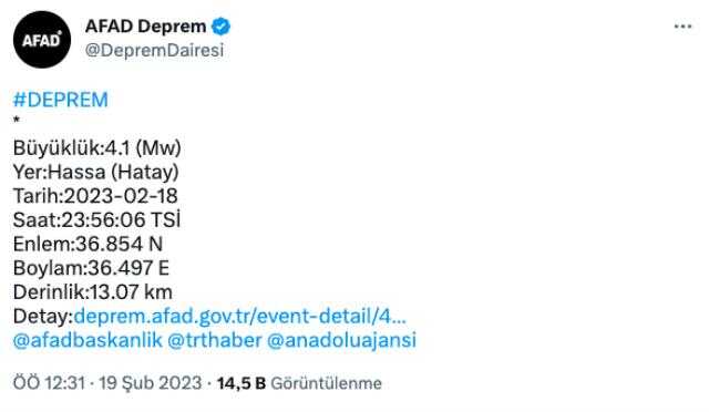 Hatay Hassa kaç şiddetinde deprem oldu? Hassa deprem şiddeti ne? Hassa kaç büyüklüğünde deprem oldu?