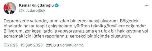 Kemal Kılıçdaroğlu'ndan Hasar Tespit Ekiplerine Çağrı: 'En Ufak Bir Hak Kaybına Yol Açmamak İçin Lütfen Raporlarınızı Gerçekçi Bir Biçimde Oluşturun'