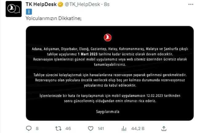 THY, deprem bölgesinden ücretsiz tahliye uçuşlarını 1 Mart'a kadar uzattı