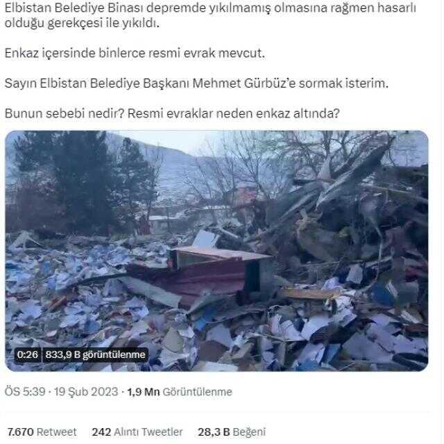 Depremden sonra yıkım kararı verilen Elbistan Belediyesi enkazında 'resmi evrak kaldı' iddiası gerçeği yansıtmıyor Depremden sonra yıkım kararı verilen Elbistan Belediyesi enkazında 'resmi evrak kaldı' iddiası gerçeği yansıtmıyor