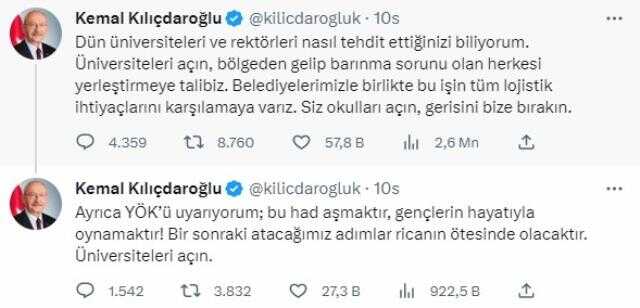 Kılıçdaroğlu'ndan YÖK'e çağrı: Üniversiteleri açın, barınma sorununu çözmeye talibiz
