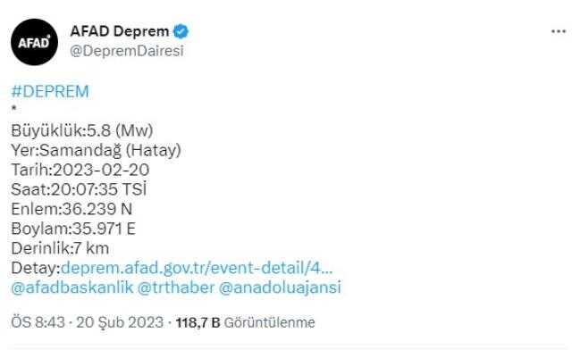 Son Dakika: Hatay'da 6.4 ve 5.8 büyüklüğünde iki büyük deprem! Yıkılan binalar var Son Dakika: Hatay'da 6.4 ve 5.8 büyüklüğünde iki büyük deprem! Yıkılan binalar var