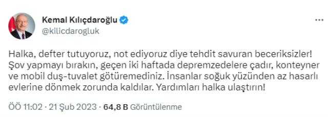 Kılıçdaroğlu'ndan çadır isyanı: Şov yapmayı bırakın, insanlar soğuk yüzünden az hasarlı evlerine dönmek zorunda kaldı Kılıçdaroğlu'ndan çadır isyanı: Şov yapmayı bırakın, insanlar soğuk yüzünden az hasarlı evlerine dönmek zorunda kaldı
