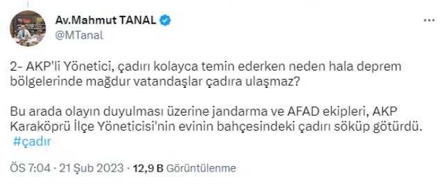 CHP'li Tanal fotoğraflı paylaşım: AK Partili yönetici evinin bahçesine AFAD çadırı kurdu