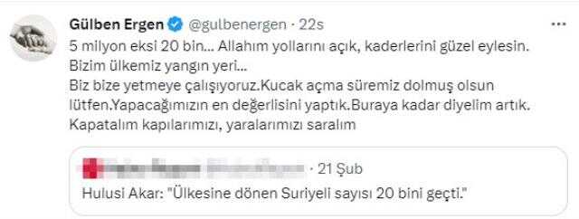 Hulusi Akar'ın '20 bin Suriyeli ülkesine döndü' açıklamasına Gülben Ergen'den yorum: Kapılarımızı kapatalım
