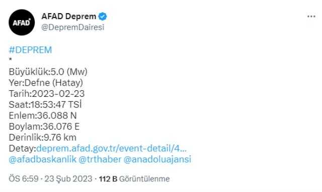 Son Dakika: Hatay'ın Defne ilçesinde 5 büyüklüğünde deprem meydana geldi Son Dakika: Hatay'ın Defne ilçesinde 5 büyüklüğünde deprem meydana geldi