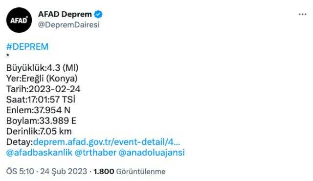 Konya Ereğli kaç şiddetinde deprem oldu? Konya deprem şiddeti ne? Konya kaç büyüklüğünde deprem oldu?