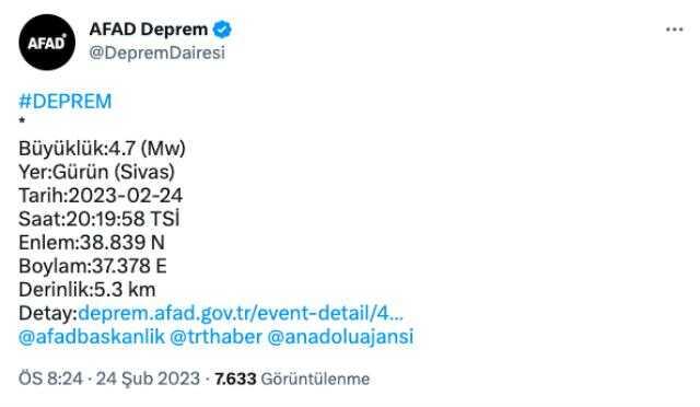 Sivas kaç şiddetinde deprem oldu? Sivas deprem şiddeti ne? Sivas kaç büyüklüğünde deprem oldu?