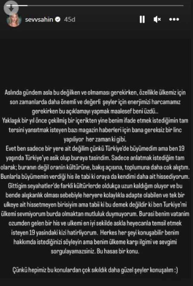 'Türkiye'de 3 ay kalınca daralıyorum' dediği için eleştirilen Şevval Şahin: Ülkeme karşı sevgimi sorgulayamazsınız 'Türkiye'de 3 ay kalınca daralıyorum' dediği için eleştirilen Şevval Şahin: Ülkeme karşı sevgimi sorgulayamazsınız