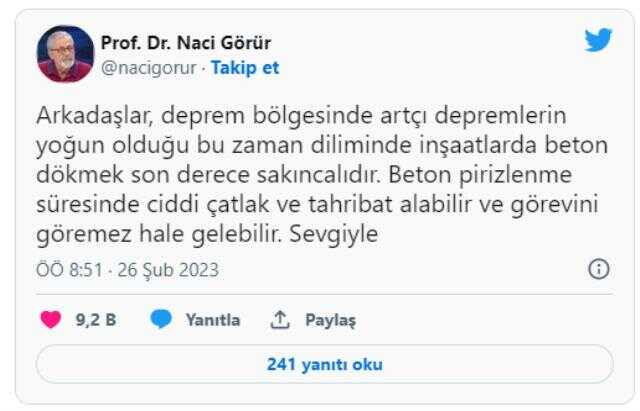 Naci Görür'den deprem bölgesindeki yeni yapılaşmalarla ilgili uyarı: Artçılar sürerken beton dökmeyin Naci Görür'den deprem bölgesindeki yeni yapılaşmalarla ilgili uyarı: Artçılar sürerken beton dökmeyin