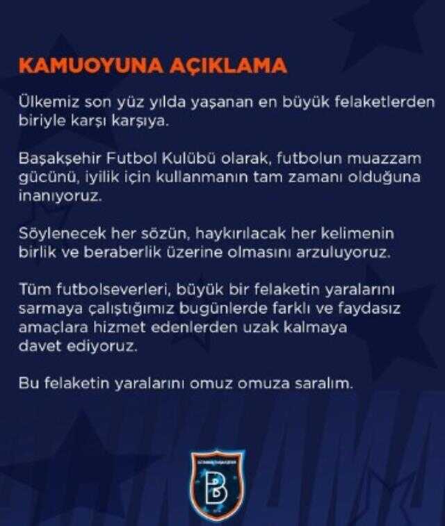 Başakşehir'den siyasi sloganlara tepki: Farklı amaçlara hizmet edenlerden uzak kalmaya davet ediyoruz