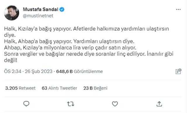 Kızılay'ın depremin 3'üncü gününde Ahbap'a çadır satmasına bir tepki de Mustafa Sandal'dan: İnanılır gibi değil